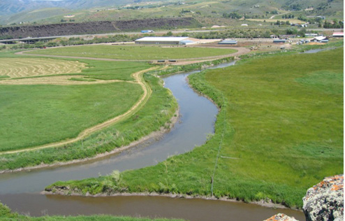 Confluence of the Portneuf River (on top) and Marsh Creek (coming in from the bottom right)