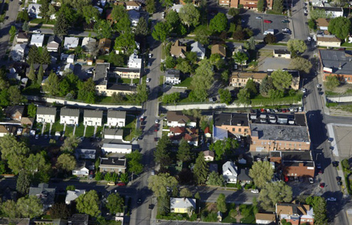 Downtown Pocatello and the concrete channel