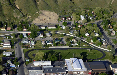 Downtown Pocatello and the concrete channel